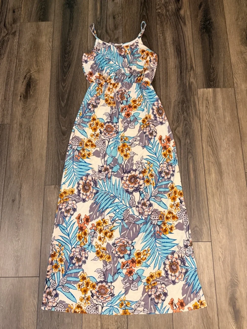 NAÏF Tropical Floral Maxi Dress Blue Tan White Small Summer Boho Vacation - Picture 6 of 15